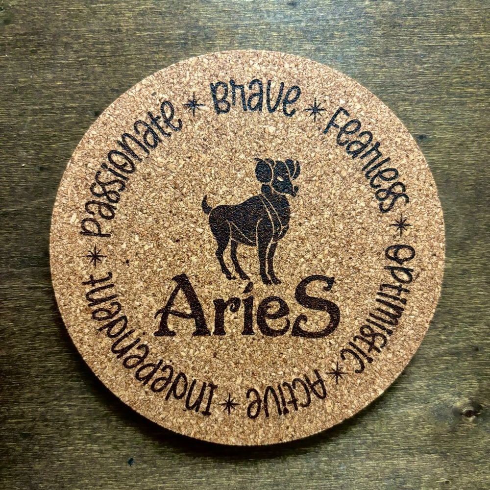 Aries Zodiac Sign Encircled Laser Engraved Cork Coaster